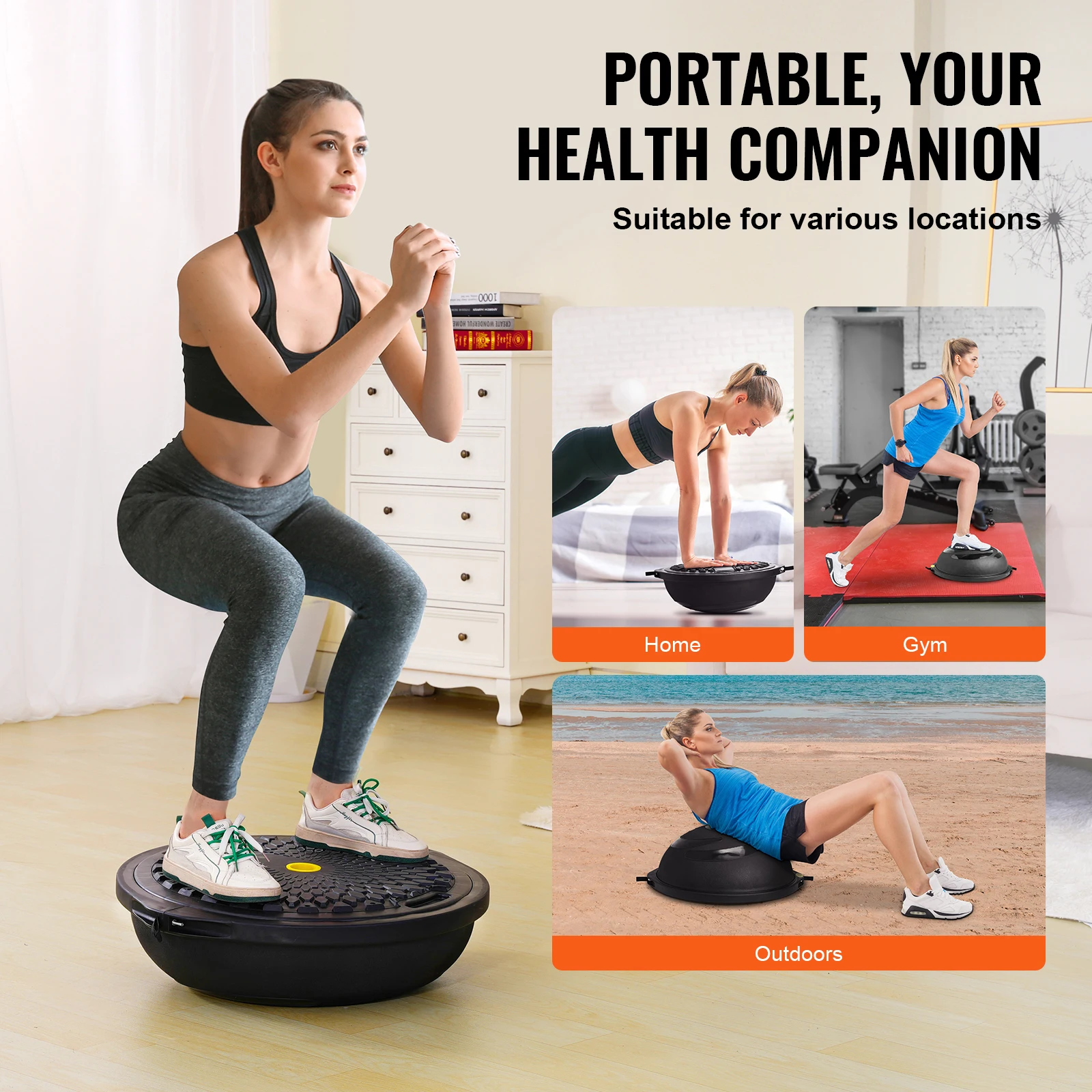 VEVOR Half Exercise Ball Trainer 26 inch Balance Ball Trainer 1500lbs Capacity Stability Ball Yoga Ball with Resistance Bands 6