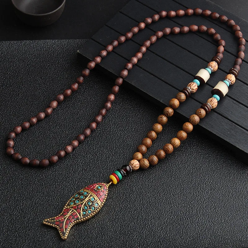 14 New Ethnic Handmade Nepal Necklace Buddhist Mala Wood Beads Pendant & Necklace Ethnic Horn Fish Long Jewelry for Women Men 2