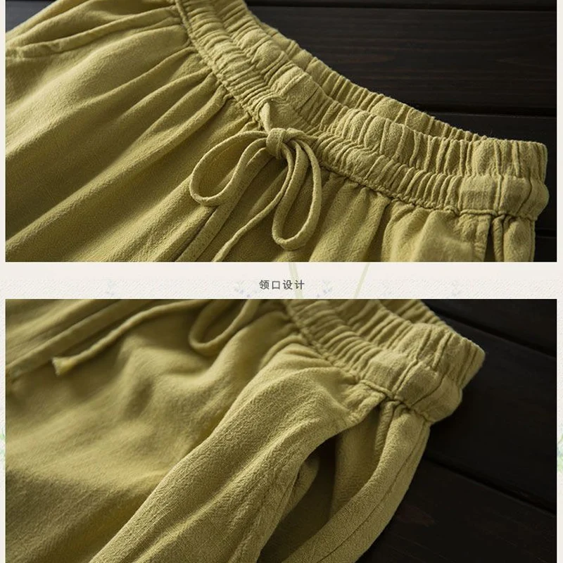 Summer New Solid Color Fashion Elastic Waist Wide Leg Trousers Women High Street Loose Pockets Drawstring Pure Cotton Trousers