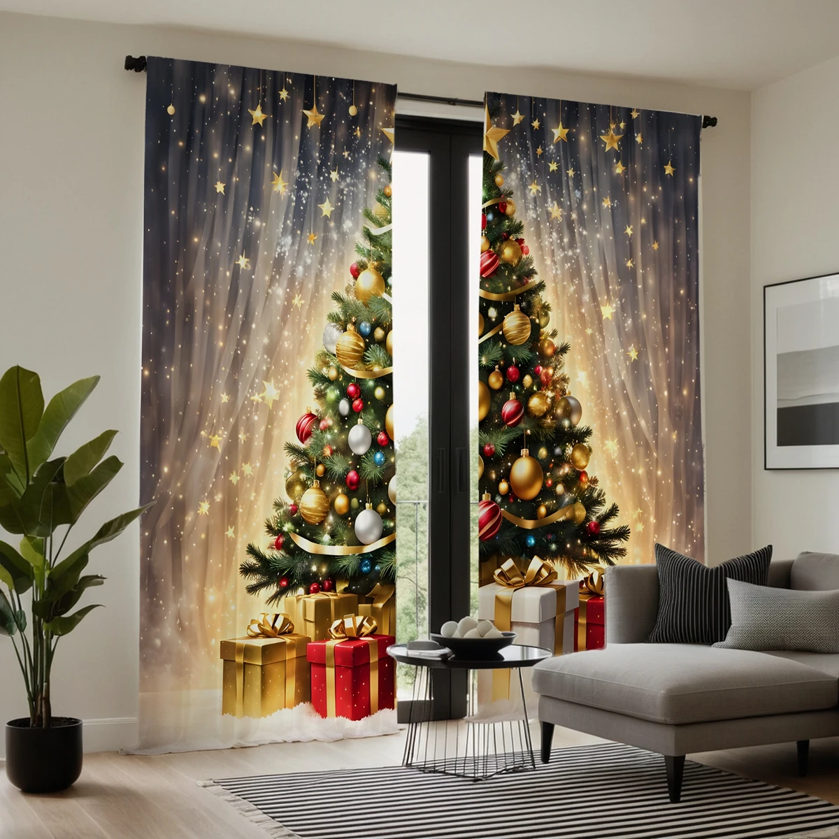 2pcs HD Starlight under Christmas tree gift box decorative curtain Yellow tie digital printed curtain Home decoration style d 4
