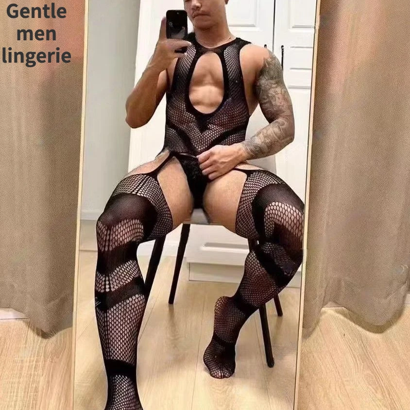 Male Jumpsuit Young Men's Nightwear Cool Men Sexy Lingerie Fun Erotic Gentlemen Fishnet Sleepwear Plus Size Man's Body Suits