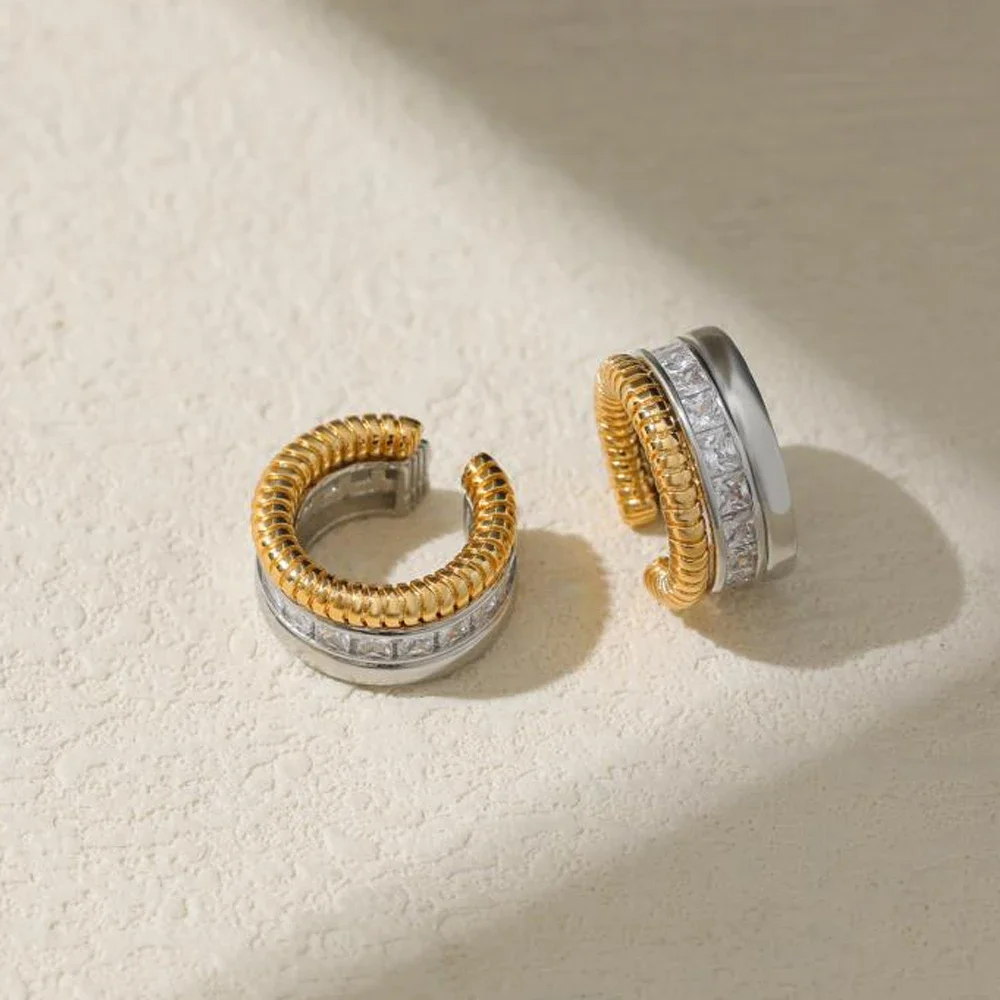 Gothic Double Mix Color Twisted C Shape Earclip Earrings for Women Grils Non Perforate Square Zircon Earclips Punk Jewellery New