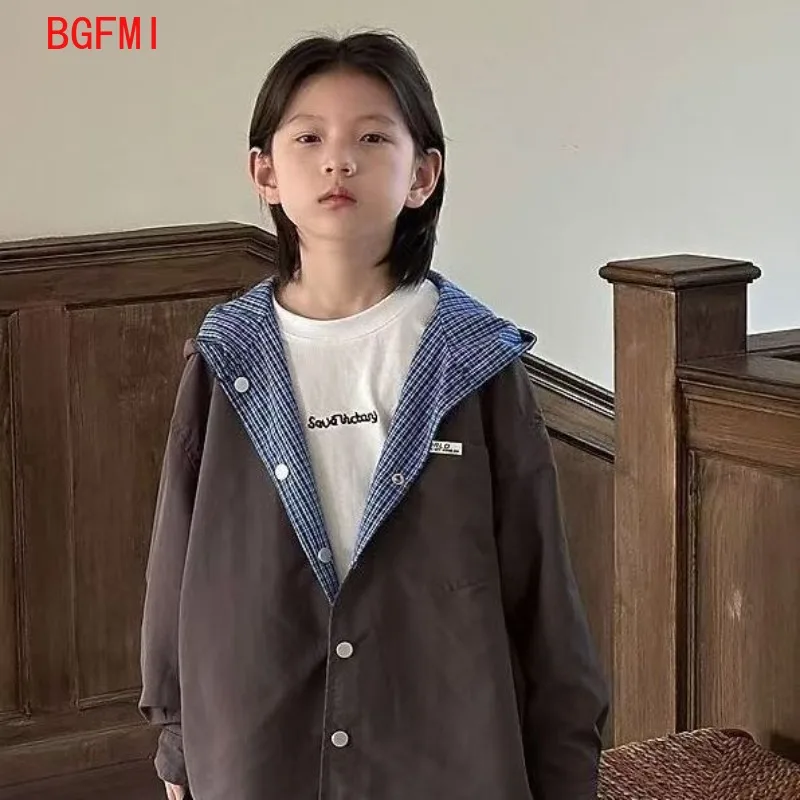 Boys Girls Outerwear Spring Autumn Double-sided Handsome for Teenage Boys Korean Student Hooded Windbreaker Children's Clothing - 6