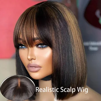 Highlight Blonde Short BOB 3x1 Lace Glueless Human Hair Wig Ready To Go Brazilian P1B/30 Straight Bob Bone With Bangs For Women 1