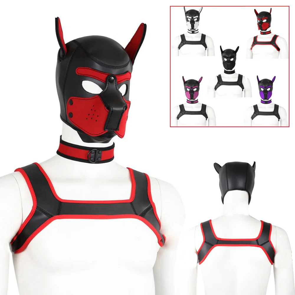 

BDSM Puppy Play Dog Bondage Set With Mask Hood Neck Collar Men's Chest Harness Straps Pup Roleplay Fantasy Club Costume Sex Toys