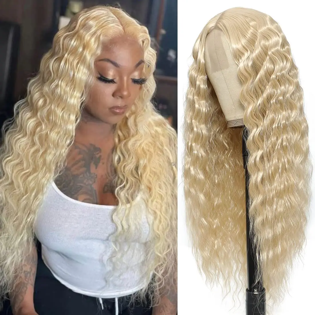 

Curly 613 Honey Blonde Lace Front Human Hair Wigs Loose Deep Wave 13x6 HD Water Wave Color Transparent Lace Frontal Wig