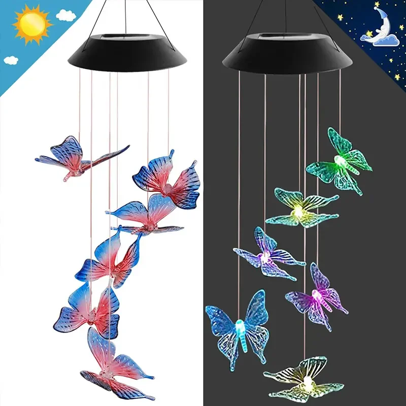 Artificial Butterfly Wind Chimes Changing Color Fairy Lamp String Solar Powered LED Hanging Lamp Princess Room Decorative Light