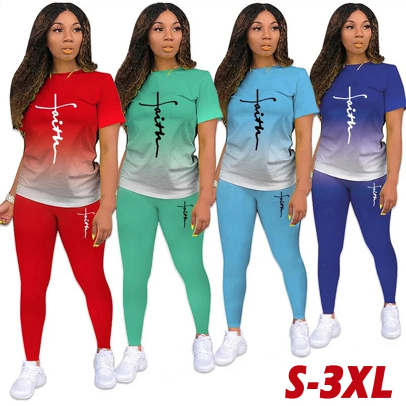 Summer Women's Fitness Sets Short Sleeve T Shirt + Pant Women's Fashion Gradient Printed Graphic Tracksuit Casual Sportwear summer sportwear suit short sleeve t shirt shorts men 2 piece sets tracksuit sportwear suit casual trend oversized clothes set