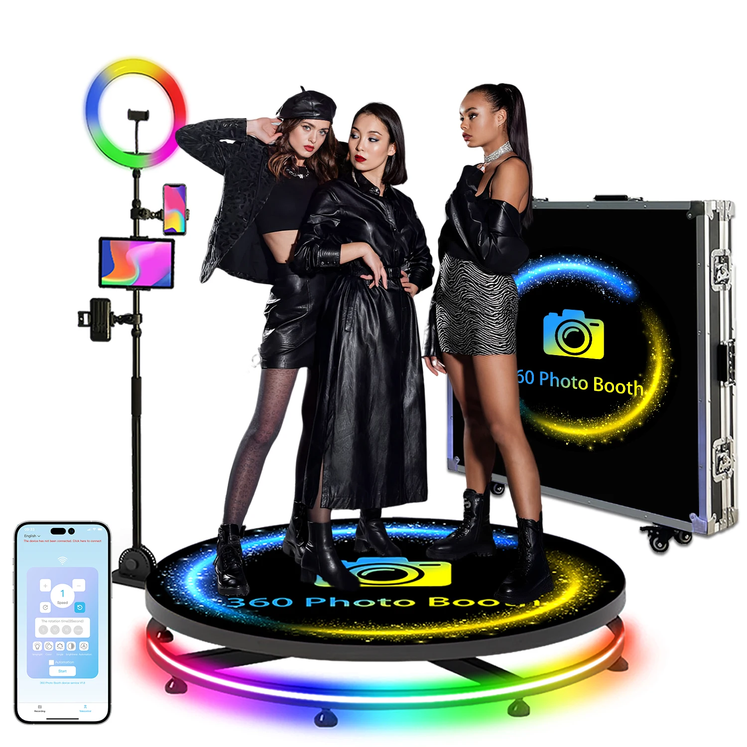 360 사진 부스 기계, RGB 링 라이트, 무료 로고, 360 비디오 사진 부스, 비행 케이스 포함, 1-5 인용, 68-115cm