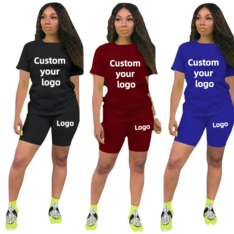 

Custom LOGO DIY Printed Casual Tracksuit Women's Two Piece Set Summer T-Shirts And Shorts Sets Solid Color 2 Piece Jogging Suits