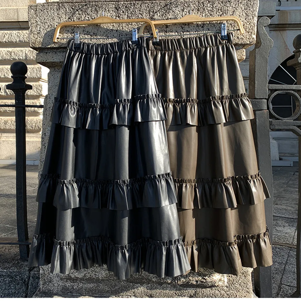 

Black Ruffles Soft PU Cake Skirt Pleated High Waist A-line Skirt Big Hem Elastic Waist Midi Skirts Women Black Coffee
