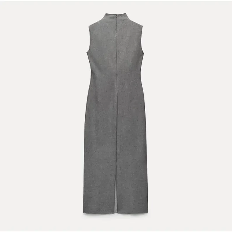 Vestido largo sin mangas con cuello alto y abertura en la espalda para mujer, recto, liso, ajustado, de cintura alta, con cremallera, otoño 2025