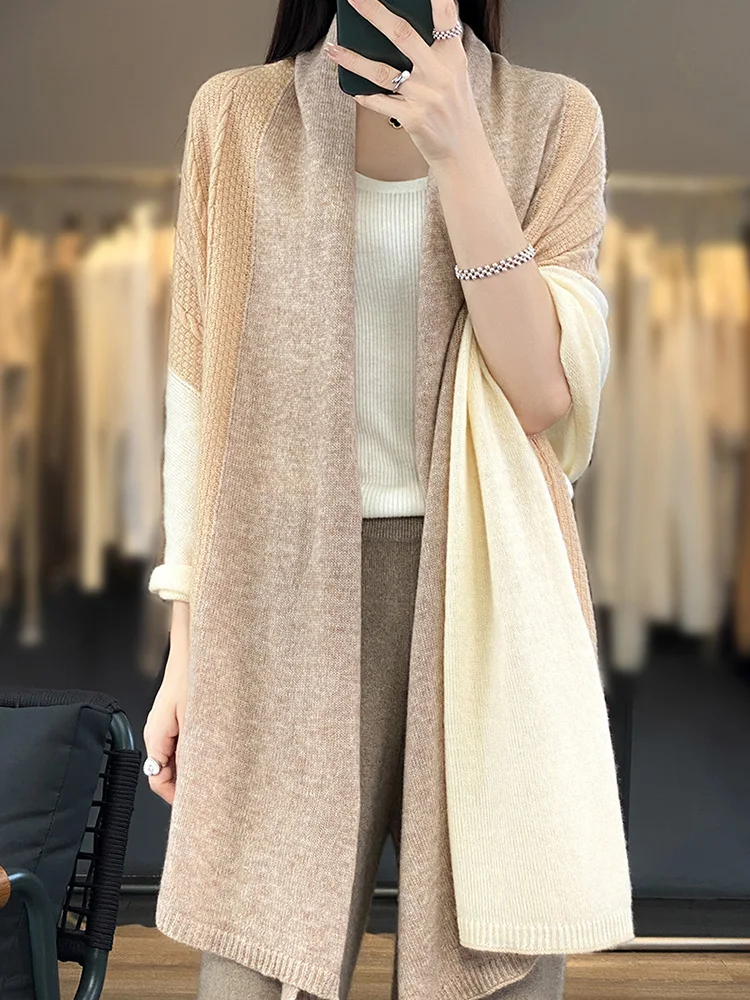 

Women's Wool Shawl Outerwears Three Color Stitching Fashion Clothing Vintage Elegant Coat Available In All SeasonsSoft Beautiful