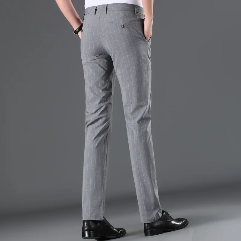 Brand Men's Pinstripe Pants Casual Elastic Long Trousers Cotton Gray Black  Skinny Work Pant for Male Classic Pantalon Jogging