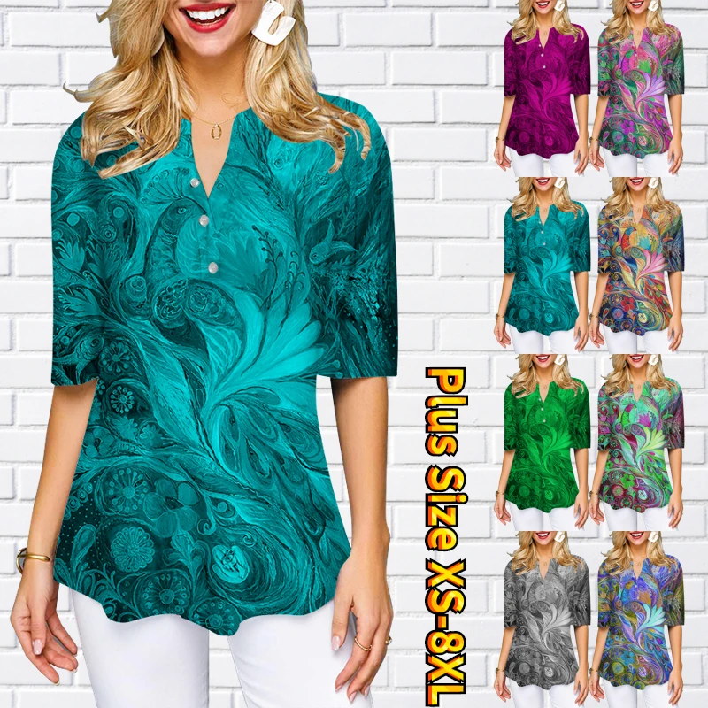 

2023 Half Sleeve Loose T-shirt Women's Fashion Print Pullover Women's Casual Three Button Summer New Top V-Neck T-shirt