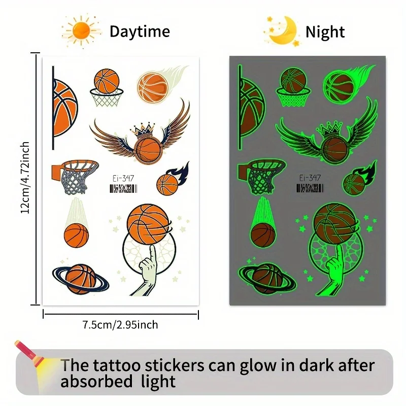 10Zhang Luminous Glow Basketball Temporary Tattoo Sticker,Waterproof Basketball Facial Tattoo,Birthday Party Game Gift