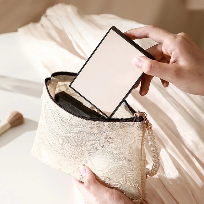 Sweet Cosmetic Pouch with Imitation Pearl Chain Women Lace Small Makeup Bag Travel Organizer Cosmetic Coins Handbag Case