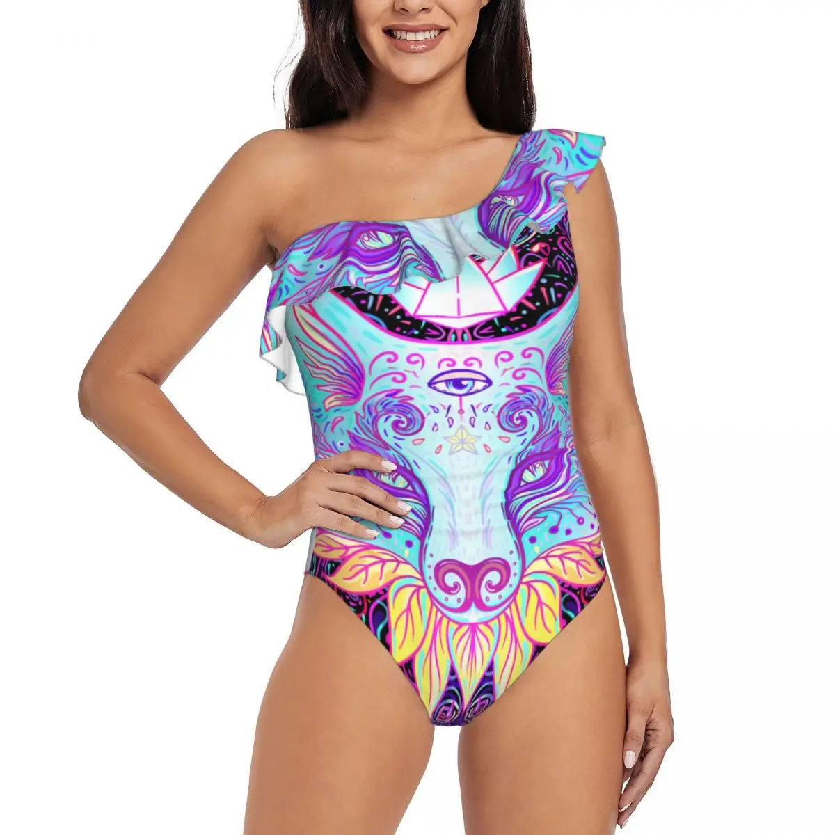

Psychedelic Gorgeous Fox Face 3D Print Women's One Shoulder Ruffle Monokinis Swimwear Asymmetric Ruffle