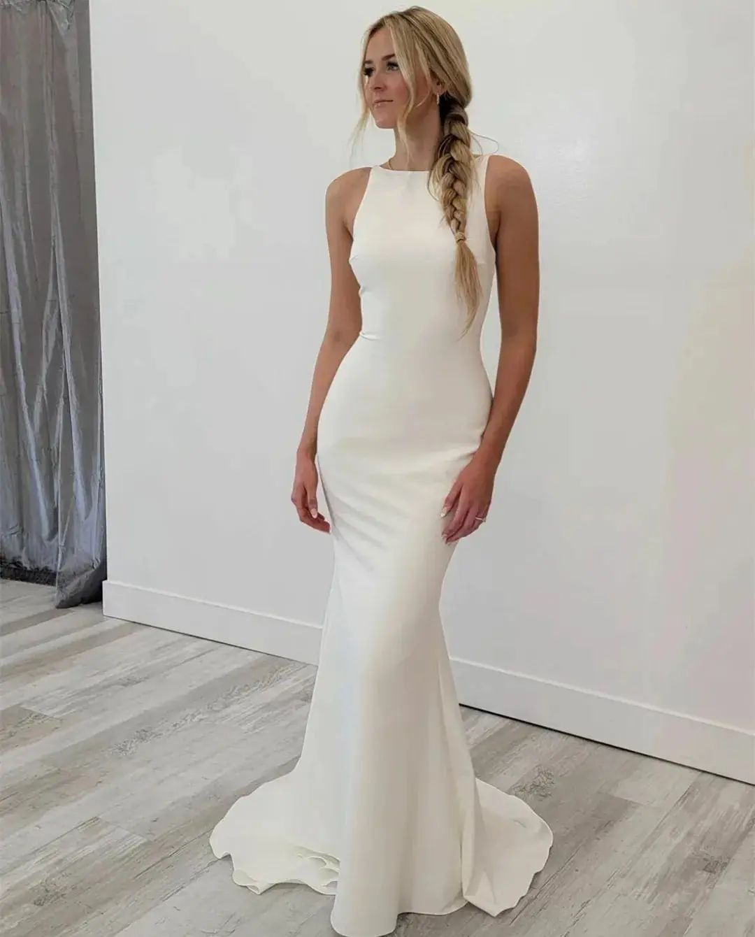 

Classic Long Crepe O-Neck Wedding Dresses Spagehtti فساتين السهرة Mermaid Sweep Train Bridal Gowns Robe de soirée for Women