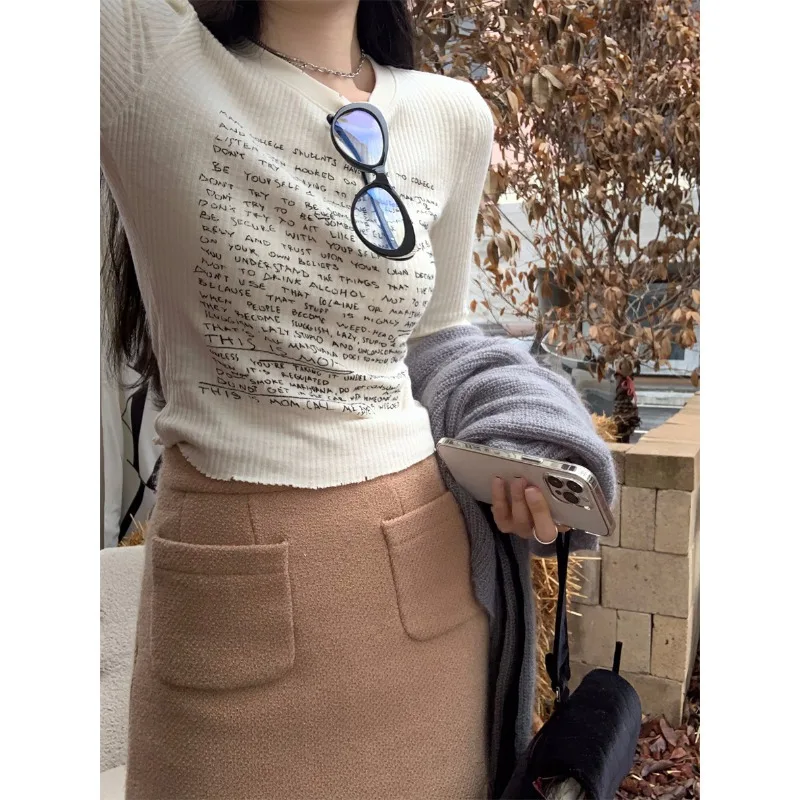 

Korean Style Vintage Letter White Tshirts Women Oversize Harajuku Fashion Long Sleeve Top Y2k Streetwear Knit Tops Chic