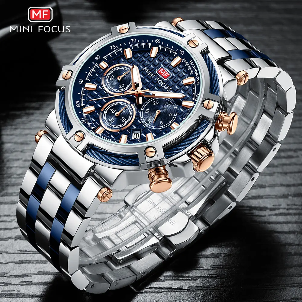MINI FOCUS Analog Quartz Dress Watch Men Silver Blue Stainless Steel Band Chronograph Luminous Wristwatch with Date 24-hour 0470