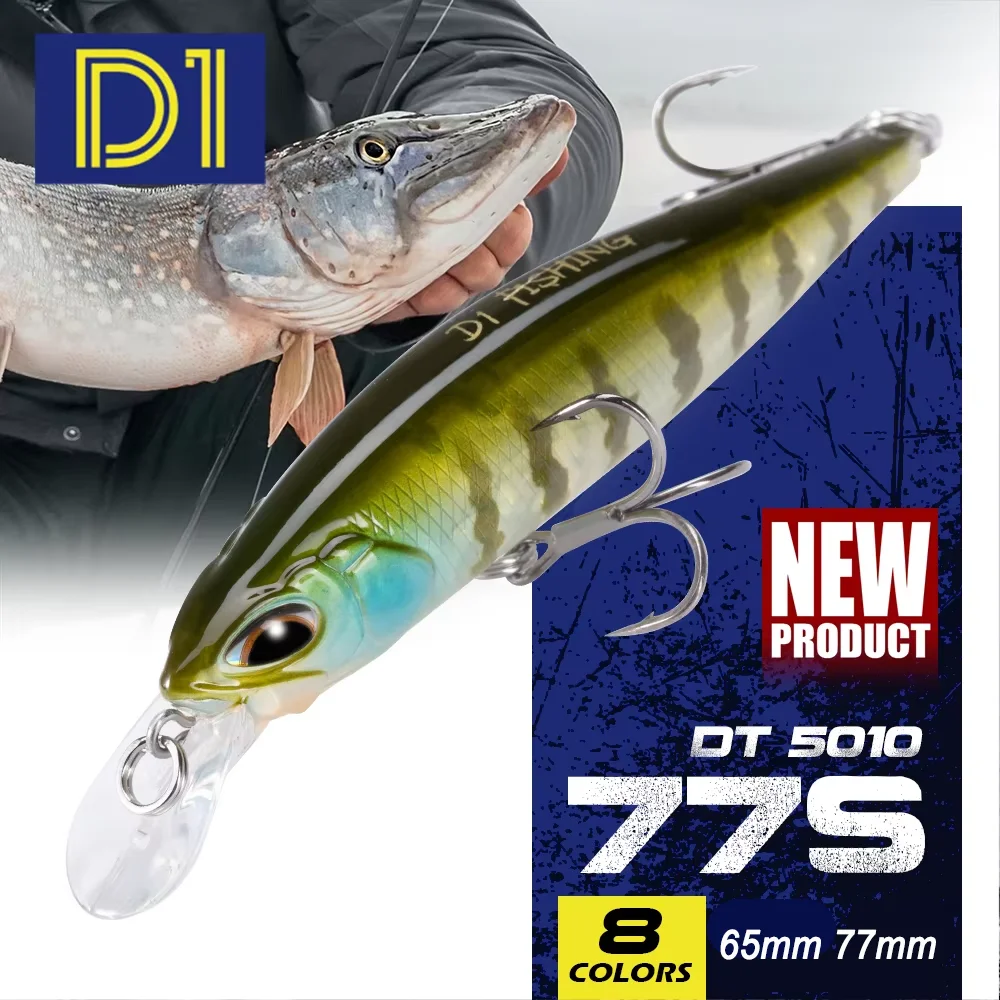 D1 Minnow Angelköder 77 mm/8,4 g Aussetzung 65 mm/5 g sinkende künstliche Hartköder-Wobbler für Trolling-Bass-Forellengerät