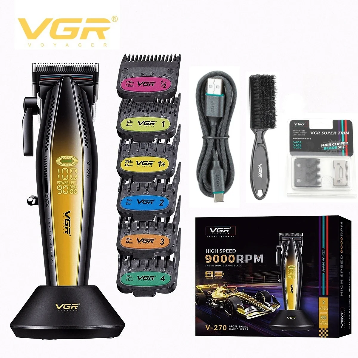 VGR Hair Clipper Professional Hair Cutting Machine Electric Clippers 9000 RPM Hair Trimmer Cordless LED Clipper for Men V-270