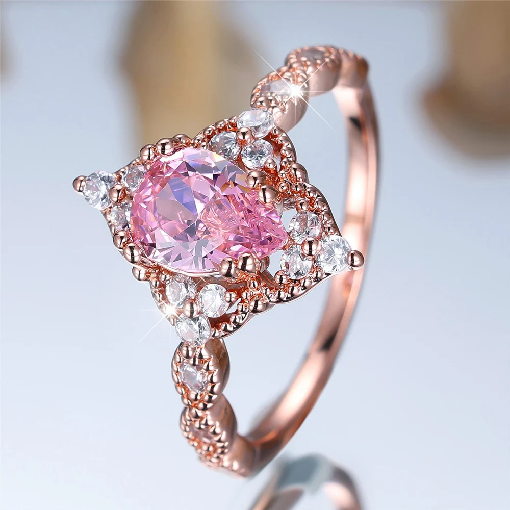 Trendy Pink Purpl Zircon Crystal Drop Stone Vintage Silver Gold Color Wedding Bands Engagement Rings For Women Jewelry