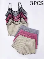 3-Piece Stretch Sleepwear Set for Women - Sexy Lace Trim Halter Top and Shorts with Cotton-like Fleece Waffle Texture for Cross-