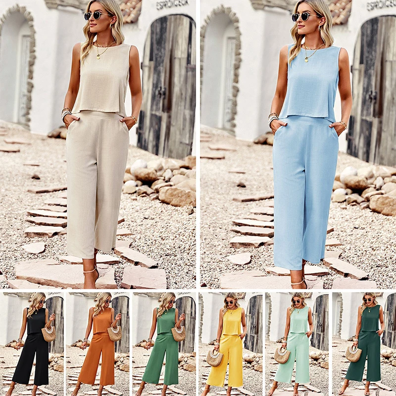 Summer Style O Neck Sleeveless Top & High Waist Pants Two-piece Set Fashion Elegant Office Lady Loose Trousers Matching Sets new 2023 woman high waist lifted jeans extremely slim to hip ratio trousers jean pants cm yaya bayan kot pantolon ropa de mujer