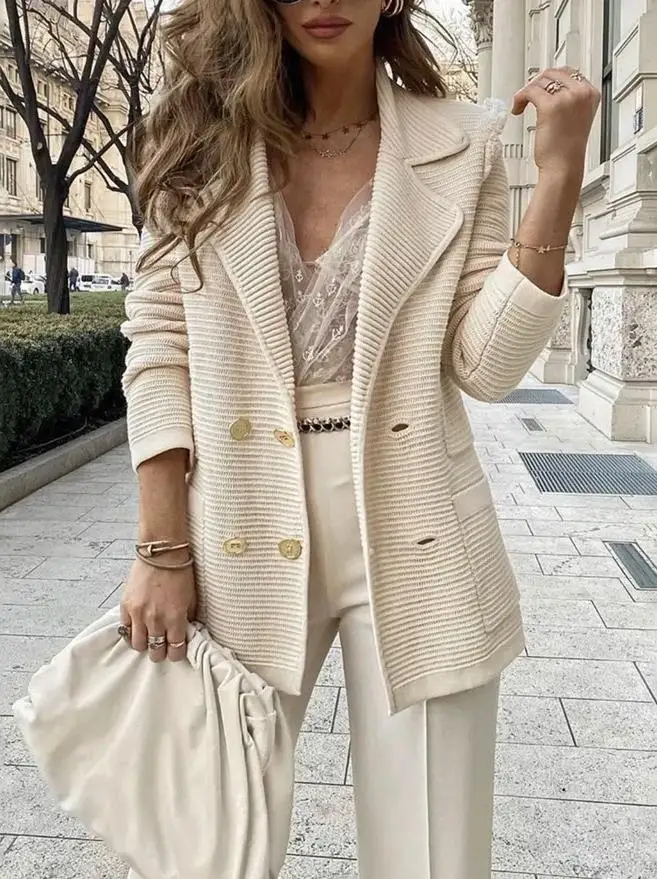 

2023 Autumn Winter Spring Fashion Casual Solid Pit Stripe Casual Cardigan Long Sleeved Jacket Coat Top Female Clothing