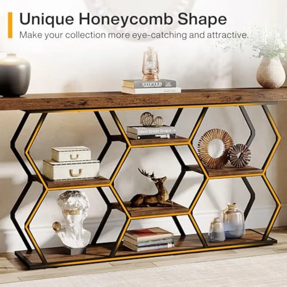Extra Long Console Table with Shelves, Narrow Sofa Table Behind Couch with Storage, Industrial Entryway Table TV Stand 6