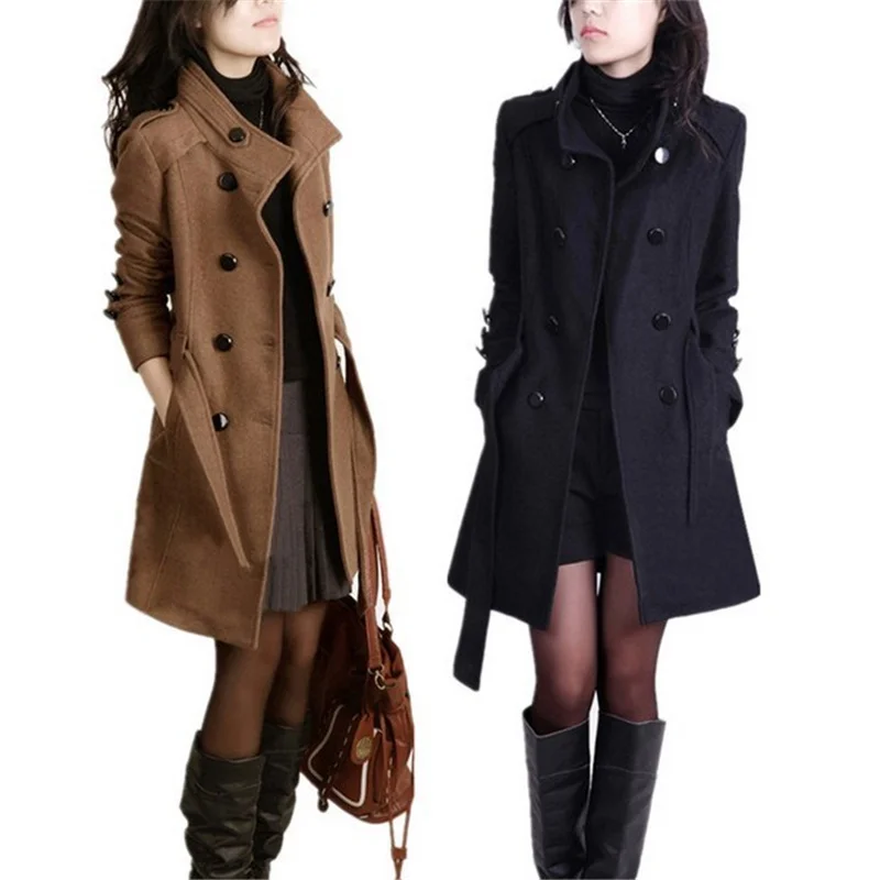 

winter woolen coat with belt women new ladies autumn new Slim long sleeve woolen coats chic overcoat