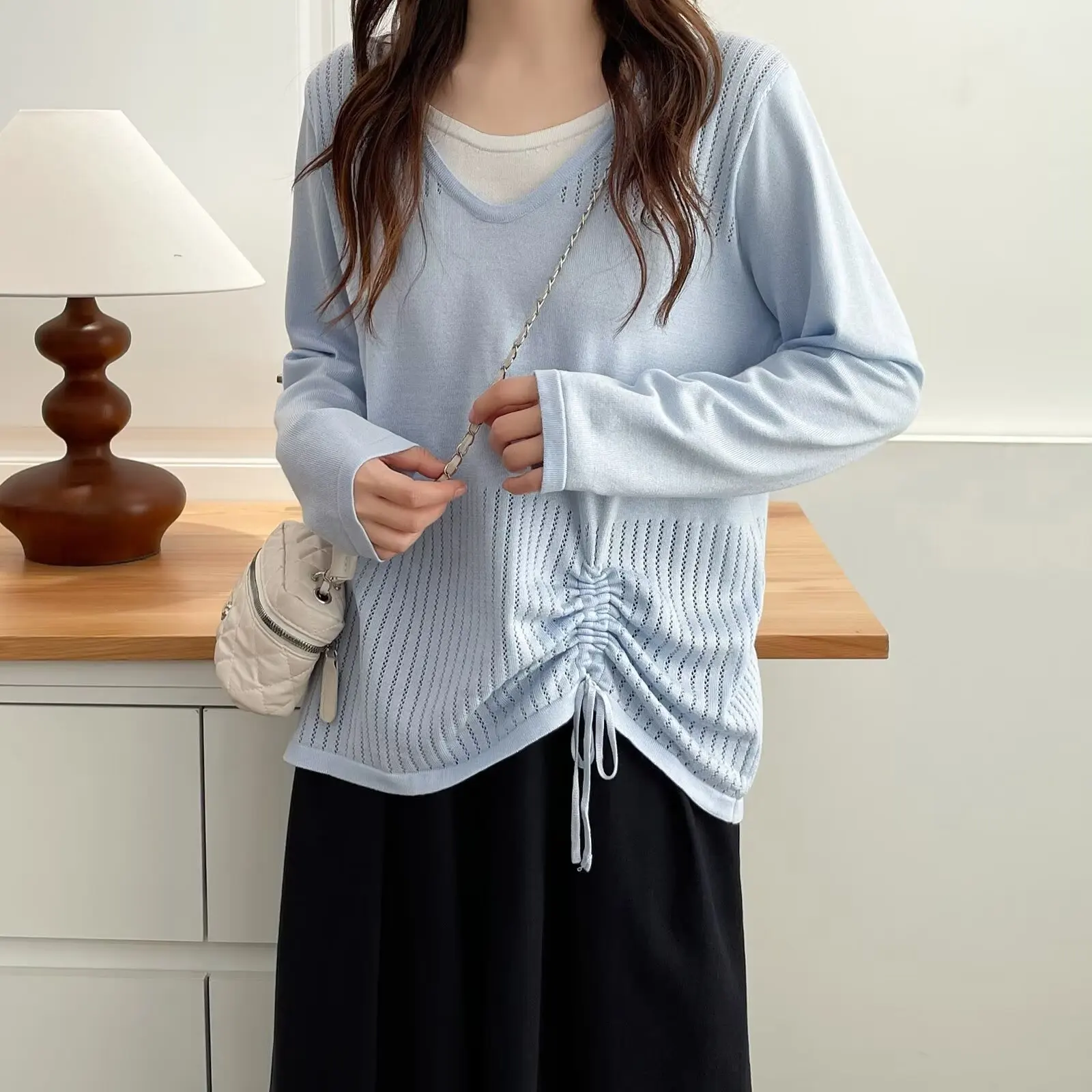 Fashion Plus Size Women's Sweater 2025 Autumn New Style Hollowed Out Pleated Long Sleeved Knitted Fake Two Pieces Jumpers 2573