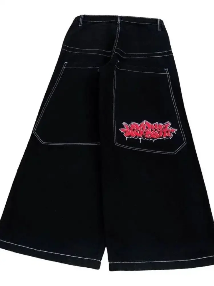 Vintage 2000s Cargo Black Pants Men Women Hip Hop Embroidered Y2k Baggy Jeans Streetwear Harajuku High Waist Wide Trouser 6