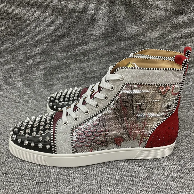 

Unisex Spike Rivet High Top Sneakers Men's Women Designer Sneakers Sequined Bling Graffiti Fashion Shoes Flat Casual Sneakers