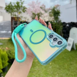 Gradient Laser Magnetic Wrist Strap Acrylic Cover Case - Galaxy S25 FE (With Lanyard - Green)