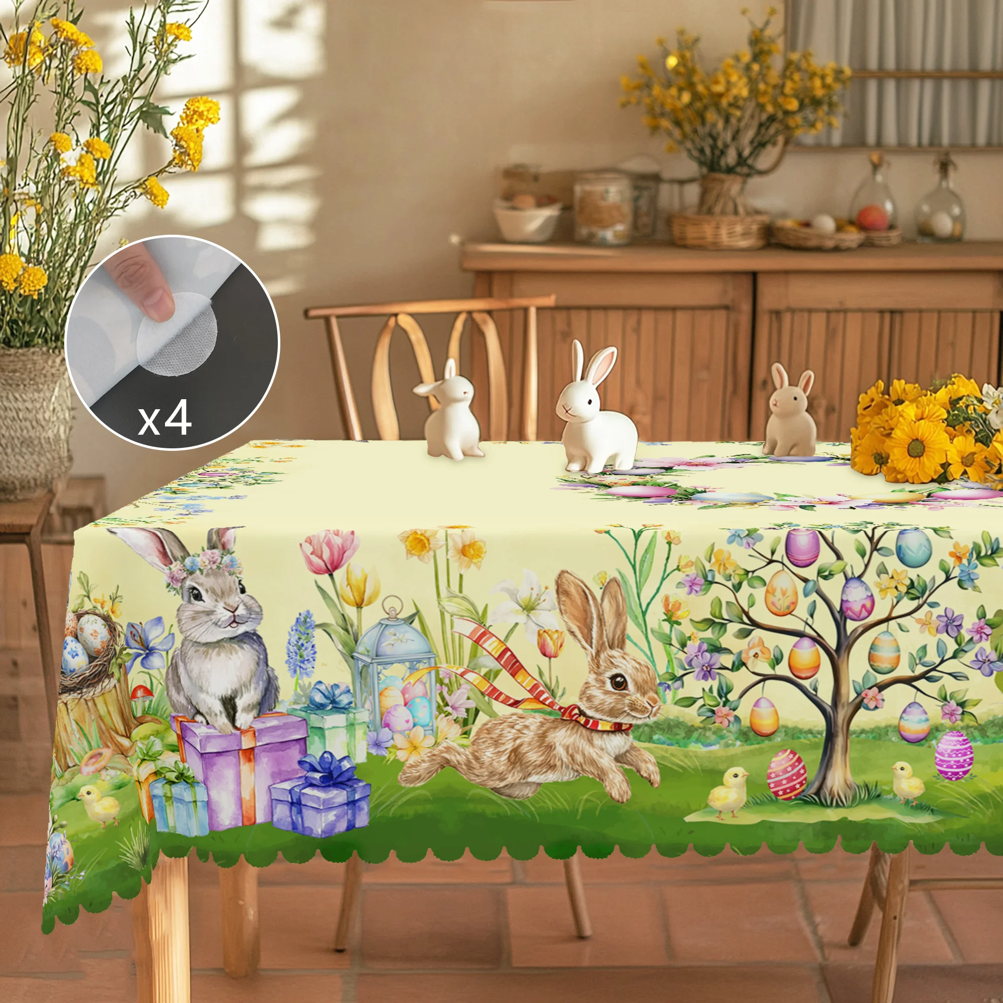 1 Easter Round Tablecloth, 5 Sizes Available, Tulip Easter Bunny Egg Garden Printed Square Tablecloth, Edge Embossing Process, Spring Garden Tablecloth Decoration, Tablecloth for Daily Home Kitchen, Terrace Use, Easter Decoration 2