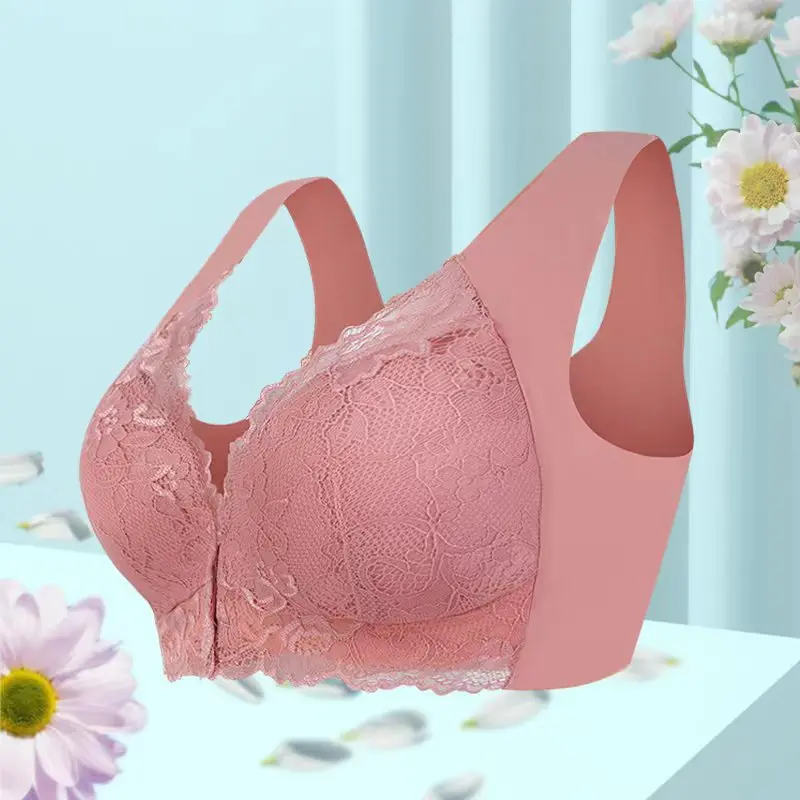 1 Piece Simple Solid Contrast Lace Front Buckle Bra, Comfy & Breathable Wireless Push Up Bra, Women's Lingerie & Underwear