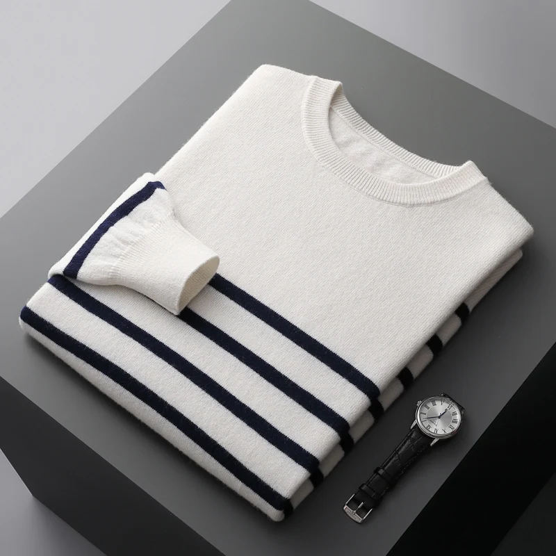 

100% Pure Wool Cashmere Sweater Men's Round Neck Pullover Autumn and Winter New Striped Tops Casual Loose Fashion Large Size