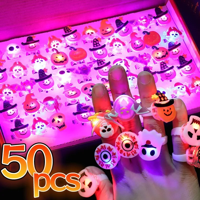 Finger Ring 10/50Pcs Halloween Luminous Rings Creative Pumpkin Ghost Skull LED for Children Toys Lights Jewelry Party Gifts