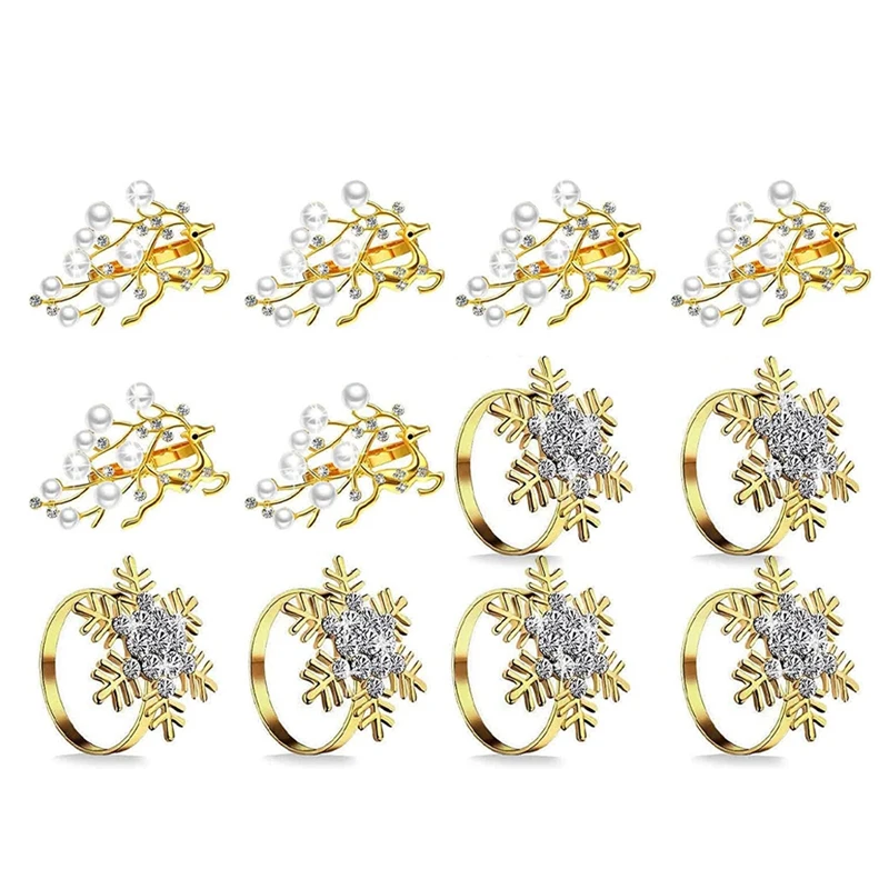 

12 Pieces Christmas Napkin Rings Snowflake And Deer With Pearl Napkin Holder Rings For Christmas Holiday Dinner Wedding