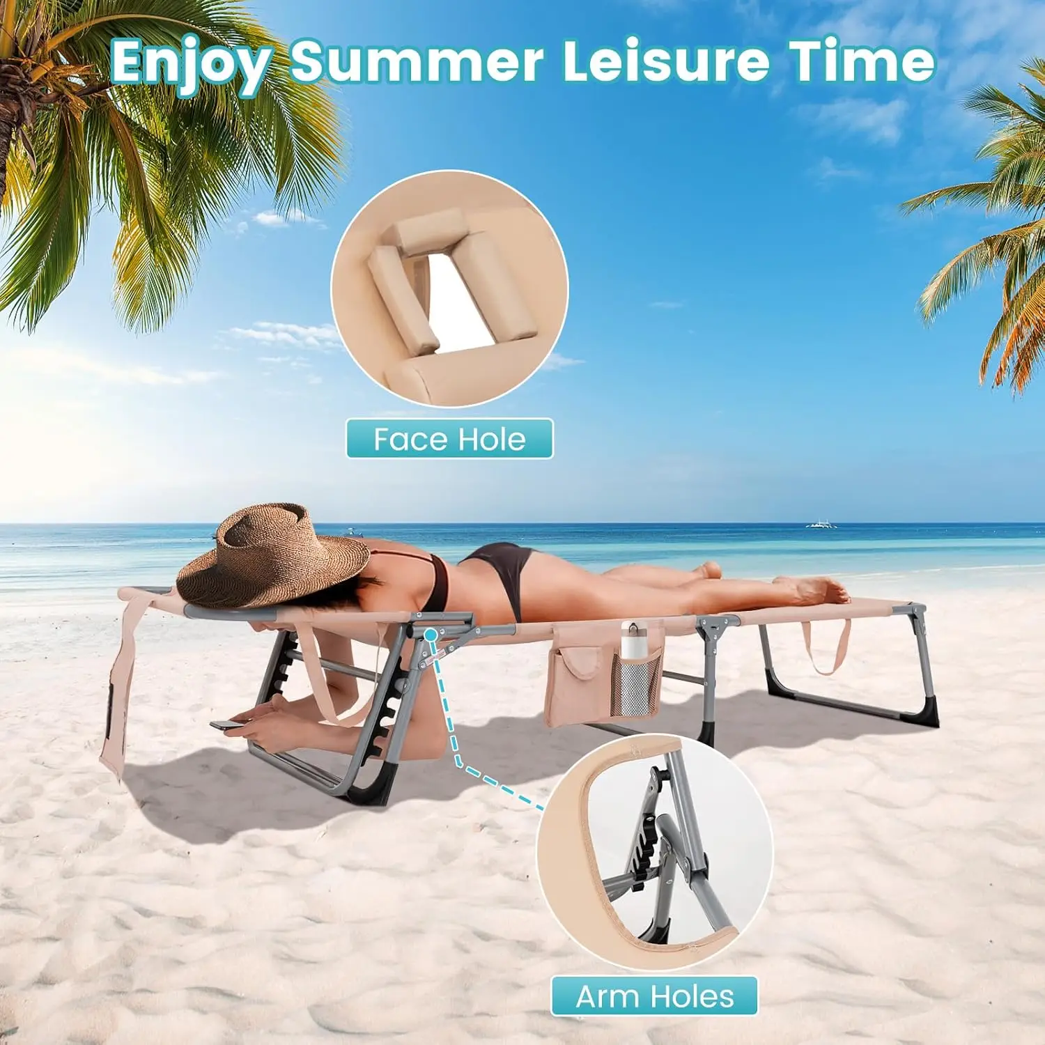 Folding Beach Lounge Chair with Face &Arm Hole, 5-Position Adjustable,Removable Pillow,Side Pocket, Sunbathing Chair