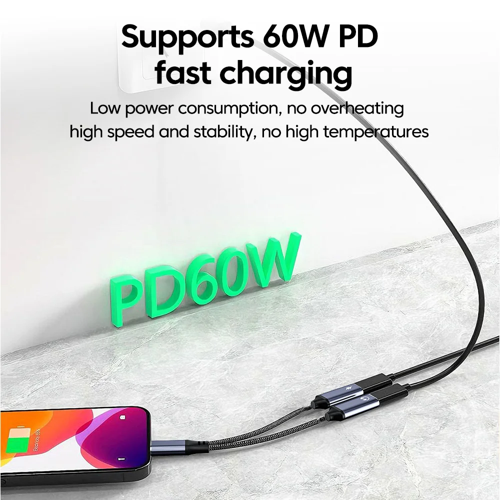 2 in 1 USB C 어댑터 타입-C to 타입-C PD60w 충전 + 타입-C 오디오 데이터 전송 커넥터 (휴대폰, 태블릿, 노트북용)