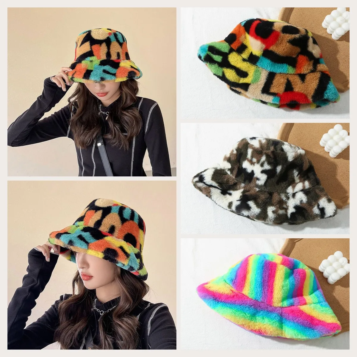 New Y2k Trend Autumn And Winter Plush Fisherman Hat Colorful Letters