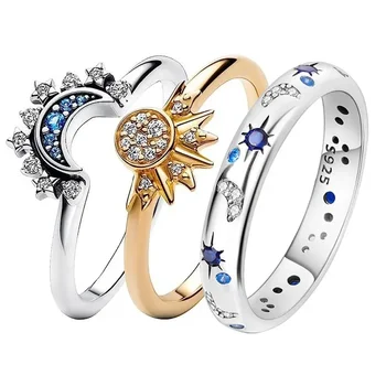 New Celestial Blue Sparkling Moon Sun Star Crystal Ring for Women Fashion Elegant Stackable Finger Band Party Jewelry Gifts 1