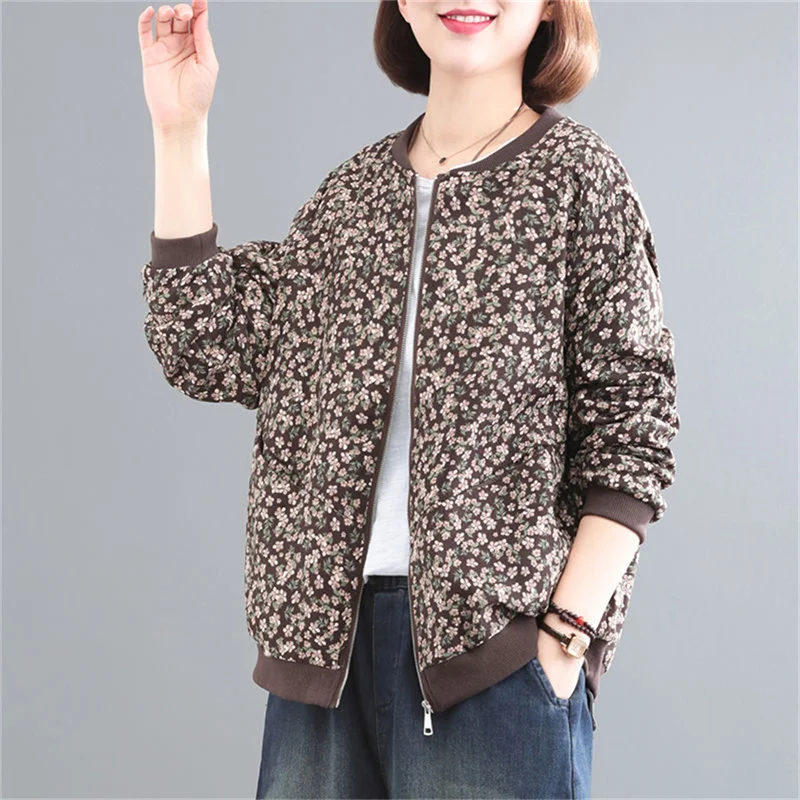 

Lining Mom Spring and Autumn Coat Loose and Fat Enlarged Middle and Old Age Baseball Coat Girl Small Fragmented Retro Short Coat
