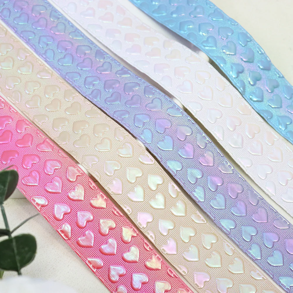 25Yards 38mm Hologram Rainbow Colorful Three-dimensional Hearts PU Ribbon Welcome Printed