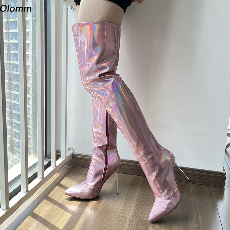 

Женские весенние сапоги Olomm ручной работы выше колена на шпильках с острым носком красивые розовые фиолетовые красные Клубные туфли Американская модель 5-13