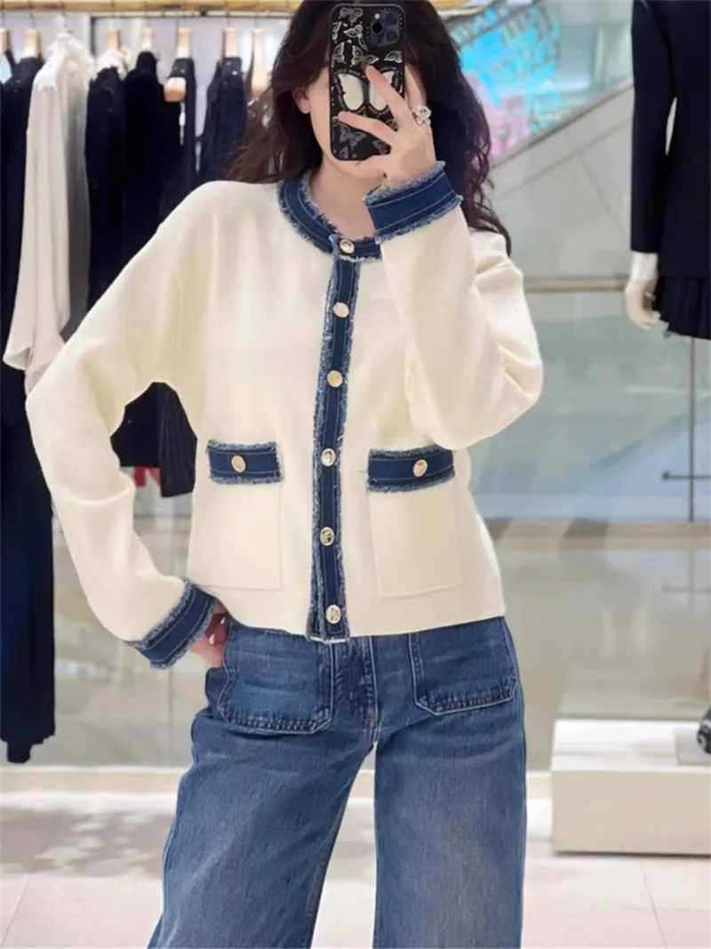 Women's Striped Knitted Cardigan Coat Versatile Contrasting Denim Patchwork Trim Female Single-Breasted Knitwear Jacket Tops 4
